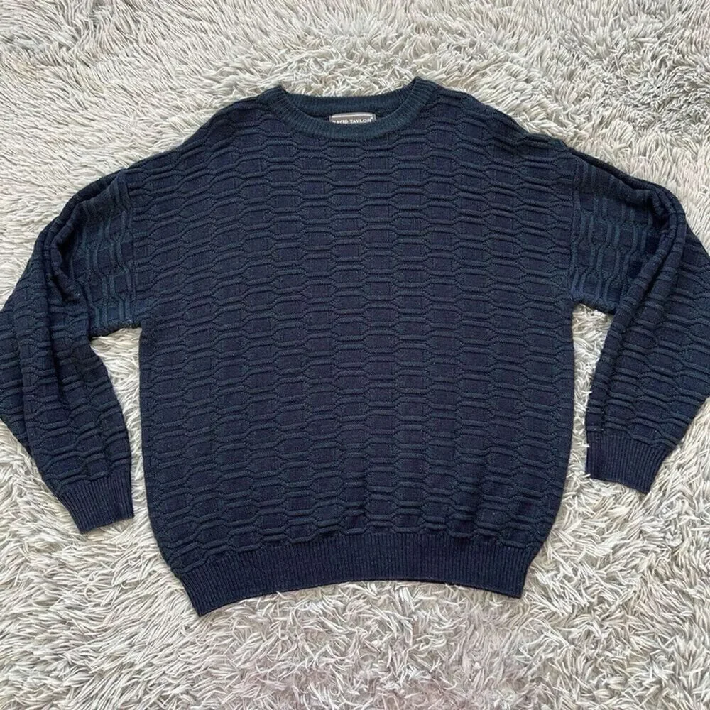 Vintage Grandpa Sweater Textured Crewneck Sweater Blue Green Size XL Classic